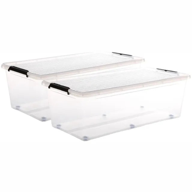 5Five® 5Five opberg kist met deksel - 2x - Clip Box - 55 liter - 76 x 39 x 25 cm - kunststof - transparant - met wielen