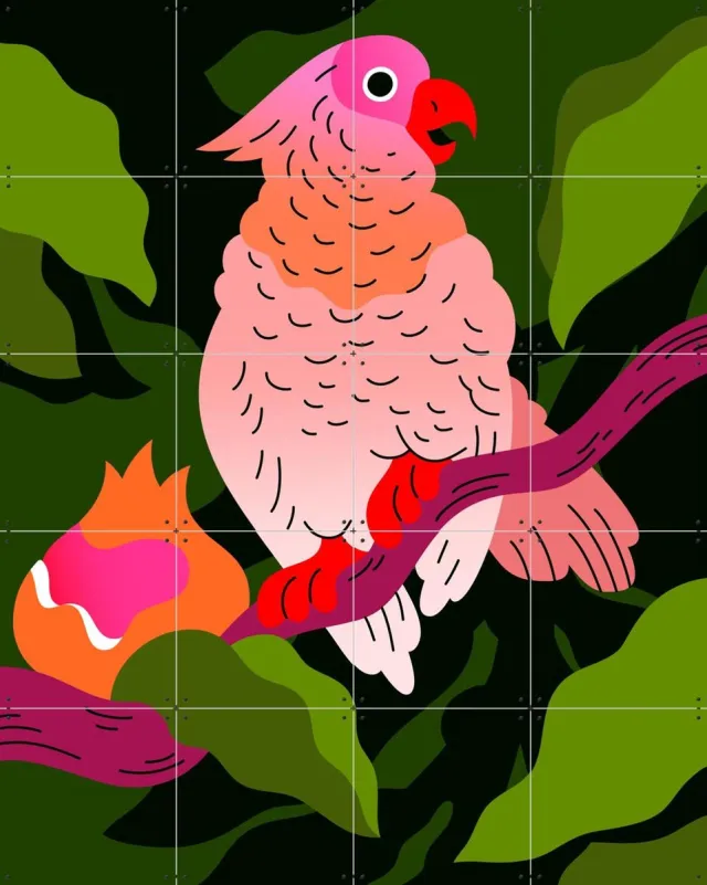 IXXI Cockatoo with Pomegranate, Hedof & Rijksmuseum 2.0 - 80 x 100 cm - Grote wanddecoratie en posters - Digitale Kunst, Illustraties, Speels Roze