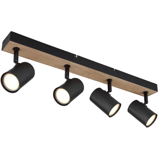 Globo Lighting Plafondlamp 4 vlammen beweegbare spot zwart hout look met verstelbare spots, zwart metaal, 4x GU10 stopcontacten, LxBxH 55,5x6x13,5 cm