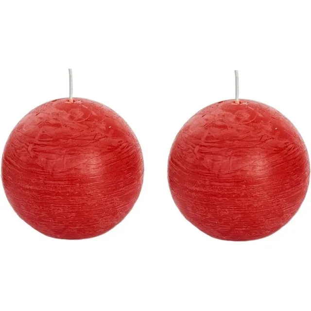 Spaas rustieke bolkaars - rood - 2x - D8 cm - 24 branduren - ronde kaarsen