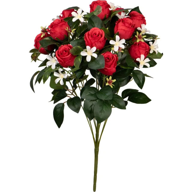 Louis Maes Kunstbloemen boeket rozen/bloesem met bladgroen - rood - H49 cm - Bloemstuk