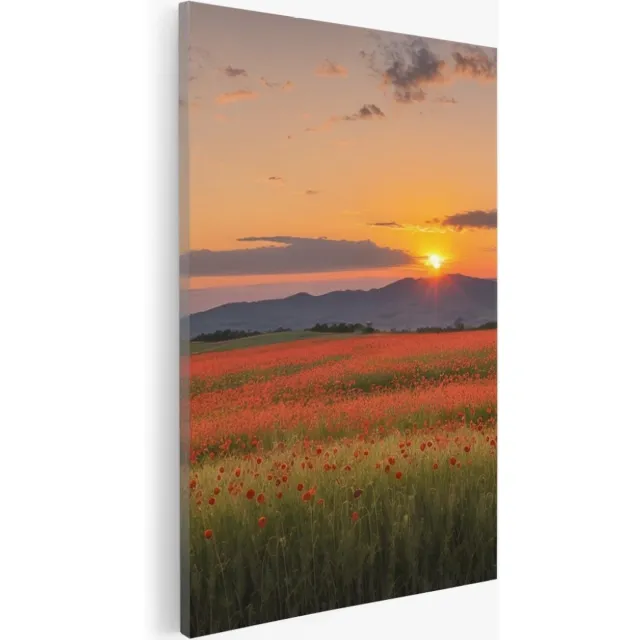 Saammp Canvas Schilderij - Rood bloemenveld met bergachtig landschap - Natuur - 100x150 - Foto op canvas - Wanddecoratie - Muurdecoratie Woonkamer - Slaapkamer decoratie - Canvas Print Multicolor