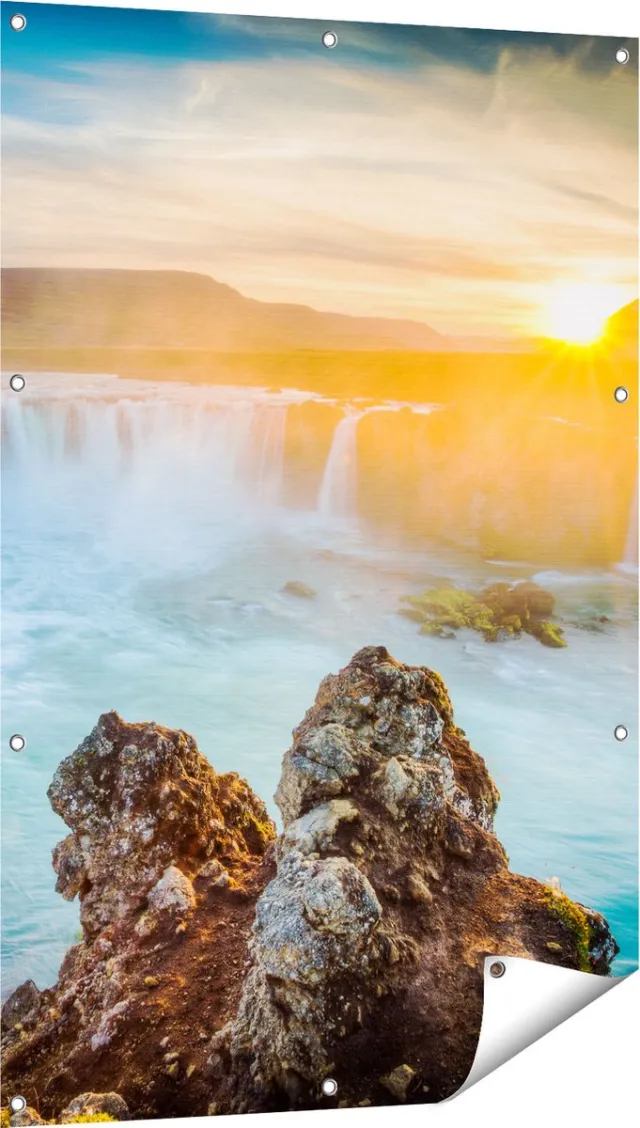 Gards Tuinposter Watervallen bij Zonsondergang - 80x120 cm - Tuindoek - Tuindecoratie - Wanddecoratie buiten - Tuinschilderij Multikleur