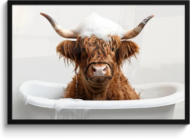FrameYourWall Poster in lijst - Fotolijst 90x60 cm - Posters - Schotse Hooglander - Bad - Koe - Dieren - Schuim - Posterlijst zwart - Wanddecoratie badkamer - Muurdecoratie WC - Decoratieve accessoires - Toilet muur decoratie