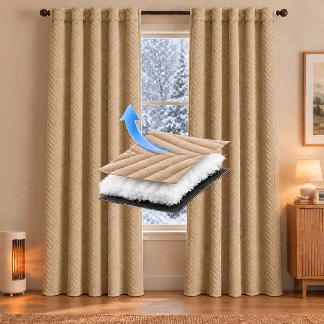 Qelus Thermisch Gewatteerd Gordijn - Isolerend Polyester Gordijnpaneel - Beige - 140 x 175 cm - 1 Stuk - Met Multifunctionele Plooiband en Koord - Voor Woonkamer en Slaapkamer - Raamdecoratie Binnen