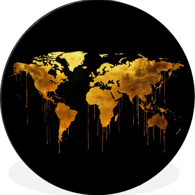 WallCircle Wandcirkel - Muurcirkel - Wereldkaart - Goud - Druipen - Zwart - Aluminium - Dibond - 90x90 cm - Binnen en Buiten