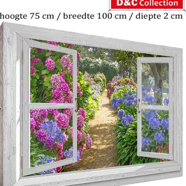 D&C Collection Canvas voor buiten doorkijk venster - om houten frame gespannen - 100x75x2 cm - doorkijkposter - Wit luxe venster hortensia tuinpad - tuin decoratie - tuinposters buiten - tuinschilderij paars, blauw, roze