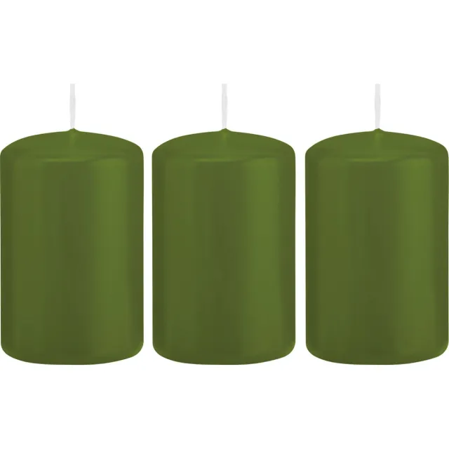 Trend Candles Cilinderkaars/stompkaars - 3x - olijfgroen - 5 x 8 cm - 18 branduren - met brandvertragende folie