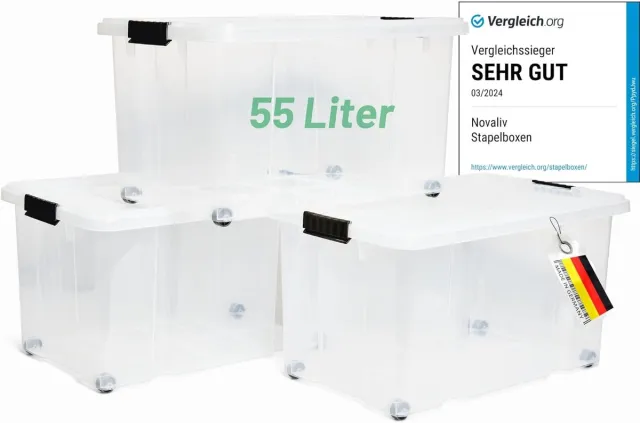 Novaliv 3x opbergdozen met deksel, groot 55L, transparant, nestbaar, stapelbaar met clipsluiting, roldozen, kunststof, BPA-vrij, 61x40x32,5 cm