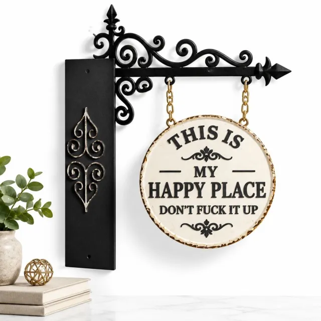 VHV Boekensteun metaal - Boekenhoek decoratie met ronde tekstbord 'This Is My Happy Place' - Boekenplank hangend bord - Boekenkast bord voor boekenwurmen - Boekenlegger Zwart