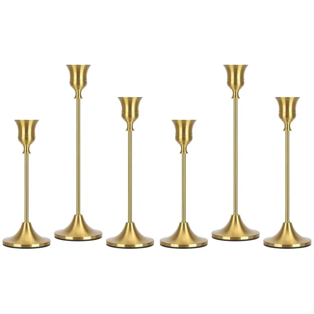 Famanu Set van 6 gouden metalen kandelaars, duurzaam en corrosiebestendig, elegante woondecoratie voor diverse gelegenheden, perfect voor het creëren van een sfeervolle ambiance