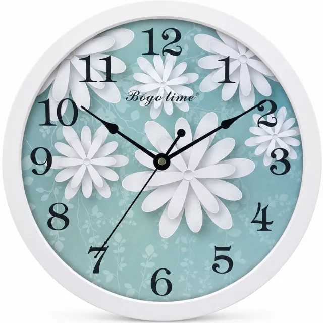 SWGOTA Wandklok met stil sweep-uurwerk, 29,8 cm - Ronde witte rand en bloemenwijzerplaat - Voor woonkamer, slaapkamer en kantoor