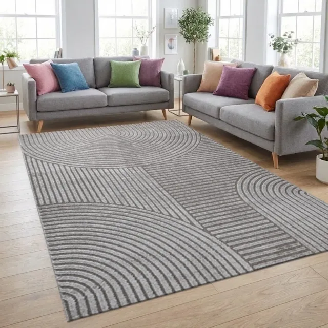 TapisTrend Designer tapijt Grijs Modern vloerkleed met concentrische bogen en verhoogde geometrische lijnen voor woonkamer en slaapkamer