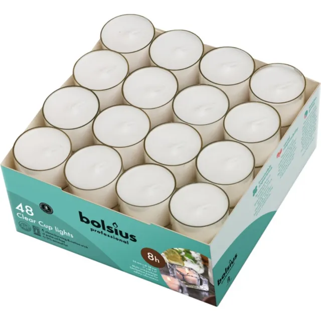 Bolsius Professional Waxinelichtjes / Clear cups lights - 48 Stuks - Wit - 8 branduren