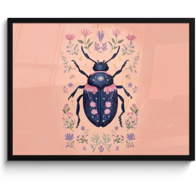 FrameYourWall Poster in lijst - Fotolijst 70x50 cm - Posters - Kever - Donkerblauw - Bloemen - Sierlijk - Posterlijst zwart - Decoratie - Wanddecoratie woonkamer - Muurdecoratie slaapkamer Bloemen - Kever