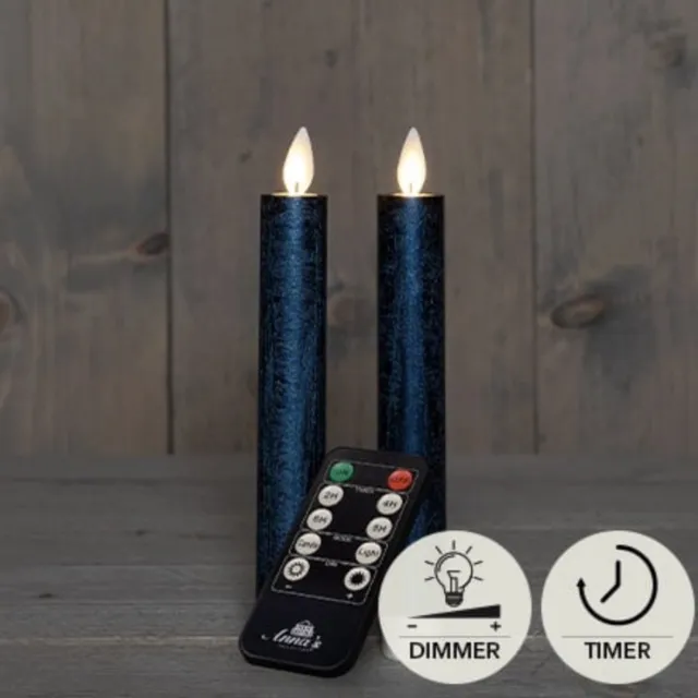 Char Collection LED kaarsen met bewegende vlam 2x - 18cm klein - Blauw - Afstandsbediening - Timer - Dimmer - Dinerkaars rustiek wax - LED kaars batterij