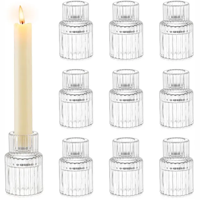 Famanu Glazen kandelaar set van 10 stuks, kaarsenstandaard voor kleine staafkaarsen, ideaal voor bruiloften en tafeldecoratie, vintage stijl voor eettafel en feest Transparant