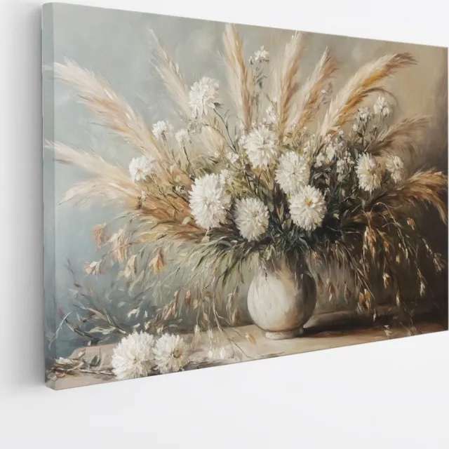 Saammp Canvas Schilderij - Witte bloemen in beige vaas - Natuur - Abstract - 70x50 - Foto op canvas - Wanddecoratie - Muurdecoratie Woonkamer - Woonkamer Decoratie Multicolor