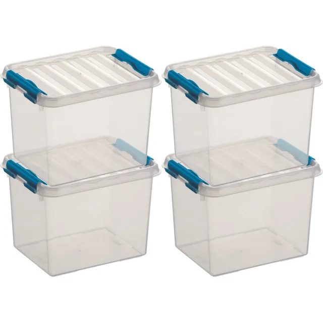 Sunware 4x sunware q-line opberg box/opbergdoos - 3 liter - 20 x 15 x 14 cm - kunststof - opslagbox - transparant/blauw
