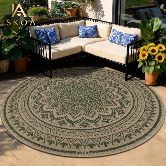 ISKOA Rond vloerkleed 160 cm - Groen jute-look tapijt voor binnen en buiten