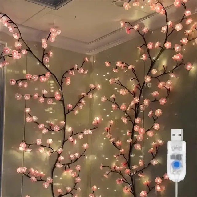 Hutjemutje lichtsnoer - lichtslinger - ledverlichting - wanddecoractie - kersenbloesem - 96 LED lampjes - USB - 160cm - roze