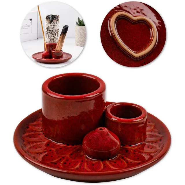 Aromaholik MULTO - Keramische Wierookhouder - Rood - Sierlijke Loofdecoratie - 3-in-1 Functionaliteit