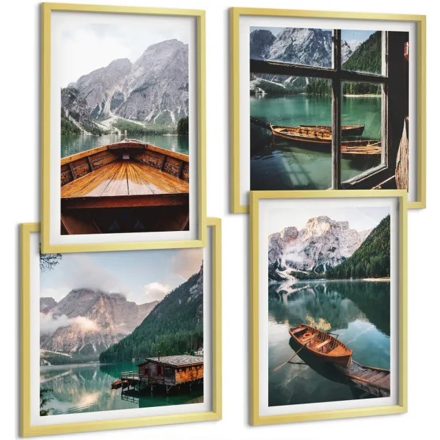 TULUP 4-Delige Schilderij Set - Uitzicht op een bergmeer met boten, een huisje en een raam. - 40 x 40 cm en 40 x 60 cm - Muurdecoratie - Interieur Decoratie Gouden lijst