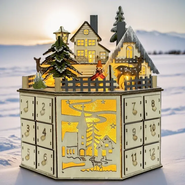 YAGXIG Houten Kerst Adventskalender met LED Decoratief Huisje, Rendier en Kerstboom - Lege Kalender met 24 Opbergvakjes - Aftelkalender Kersttafeldecoratie - Houten Adventsdorpje als Decoratie wit