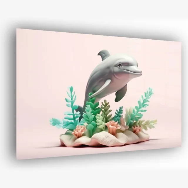 Indoorart Glasschilderij Dolfijn op Koraal 60x40 CM - Afbeelding op plexiglas - Inclusief montagemateriaal grijs, groen, wit, zwart, lichtroze