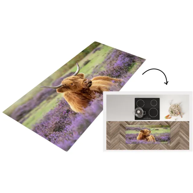 KitchenYeah Keukenloper - Loper keuken - Schotse Hooglander - Bruin - Struiken - Keukenloper vinyl Multicolor