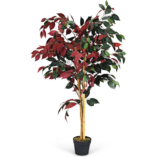 KOMFOTTEU 120 cm hoog Kunstplant in pot, kunstplanten met echte stammen, kamerplant in bloempot, decoratieve plant voor kamer, kantoor, tuin, groen + rood