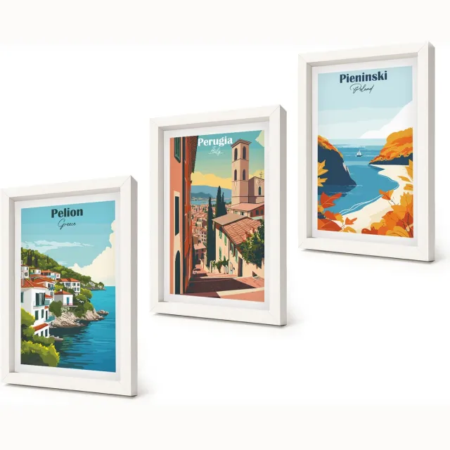 Coloray 3-Delige Schilderij Set - Schilderachtige landschappen in retrostijl - 20x30 - Wanddecoratie - Muurdecoratie - Moderne Interieurdecoratie - Moderne Wanddecoratie Witte lijst