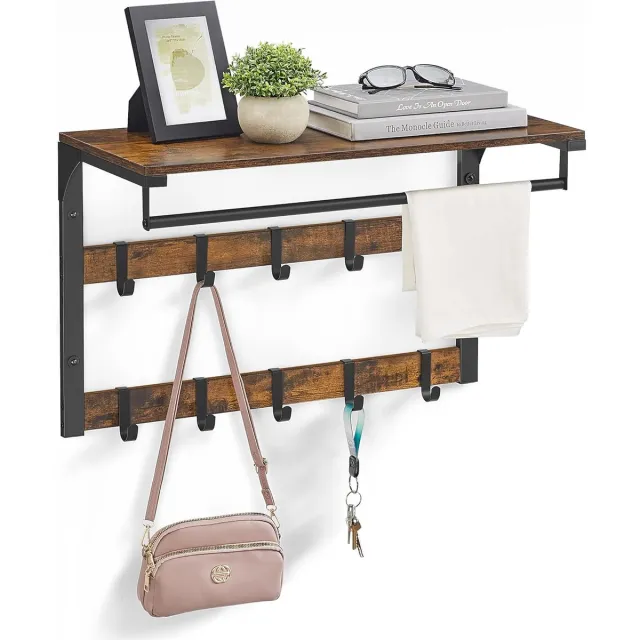 Bobbel Home Wandgarderobe, met plank, wandrek met 10 afneembare haken, hangrek, wandmontage, 2 garderobelijsten, kledingstang, voor hal, slaapkamer, badkamer, vintage bruin-zwart Vintage bruin en zwart.
