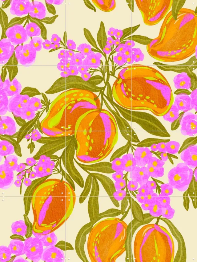 IXXI Tropical Theme With Lush Mangoes And Flowers, Nikita Jariwala & Various - 60 x 80 cm - Grote wanddecoratie en posters - Speels, Kleurrijk Oranje / Roze