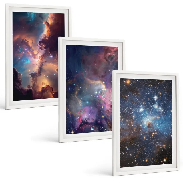 TULUP 3-Delige Schilderij Set - Ruimtelandschappen met sterren en nevels - 40x60 - Wanddecoratie - Moderne Interieurdecoratie - Stijlvolle Muurdecoratie Witte lijst