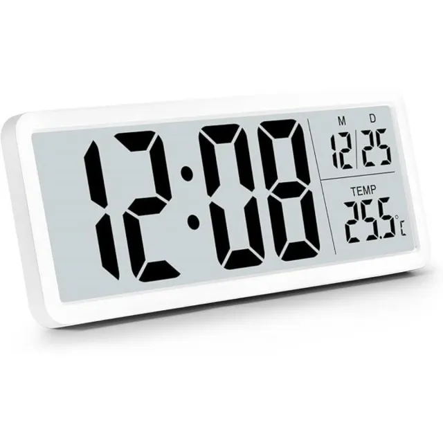 GelldG Digitale Wandklok - Wandklok met Temperatuurweergave - 20x8x2cm - Batterijgevoed, Stil Mechanisme - Geschikt voor Woonkamer, Slaapkamer, Kantoor en Garage - Kunststof - Grote Cijfers, 12/24-uurs Weergave wit