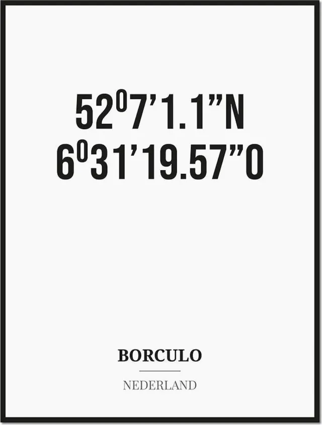 Studio216 Poster/kaart BORCULO met coördinaten zwart, wit