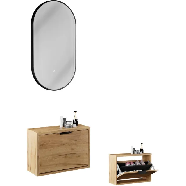 Planetmöbel STIVIO Schoenenkast 60 cm Goud Eiken met LED Spiegel