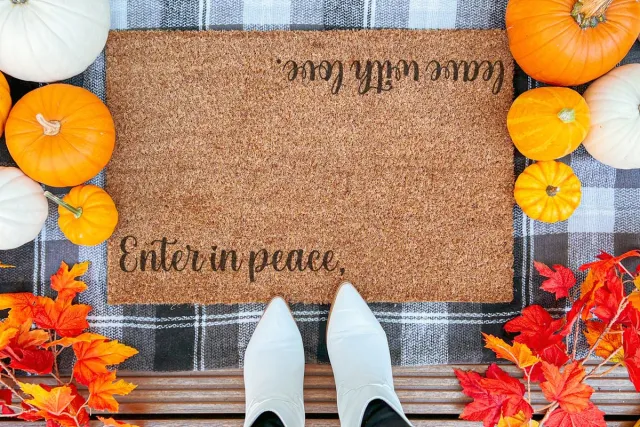 Laser Point Enter In Peace Leave With Love | 60x40 cm | Nieuwe huis cadeau | Ingangsmat | Deurmat met stijl | Verhuizing cadeau | Praktisch & trendy | Perfect voor binnenkomst | Cadeau voor nieuwe woning bruin | zwart (gravering 60x40)