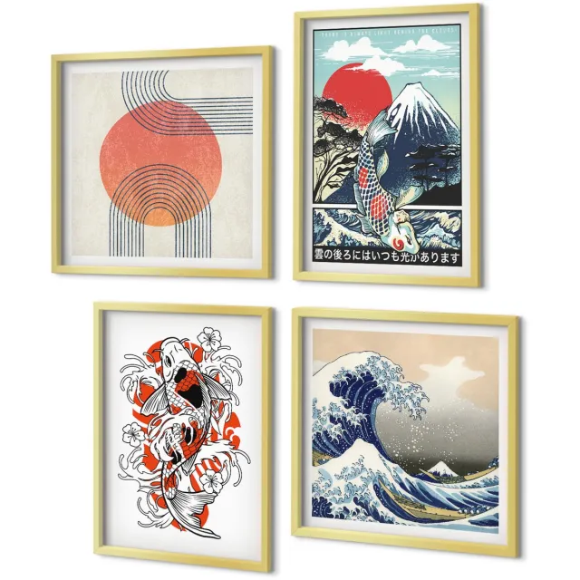 Coloray 4-Delige Schilderij Set - Illustraties van de Visbergen en de Grote Golf voor de kust van Kanagawa in Japanse stijl. - 40 x 40 cm en 40 x 60 cm - Wanddecoratie - Schilderijen Set - Interieur - Decoratieve Schilderijen Gouden lijst
