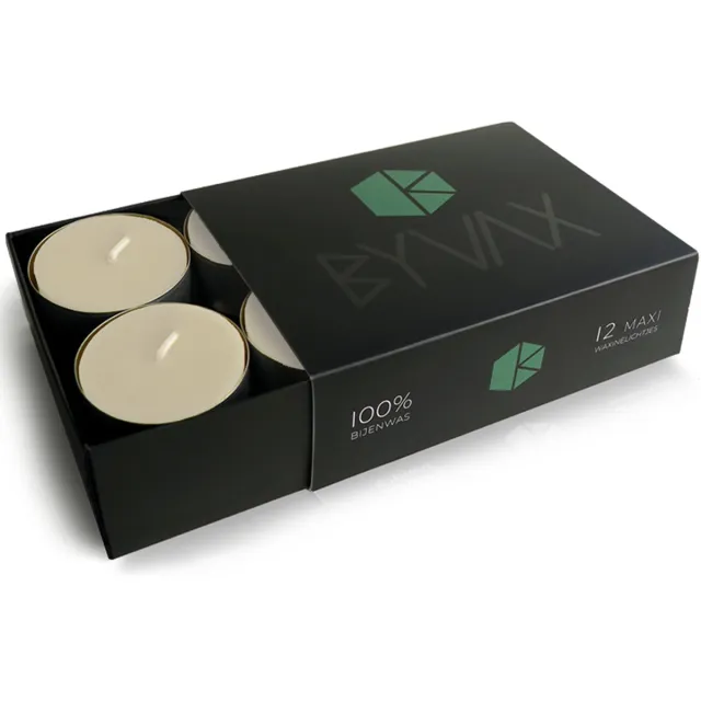 BYVAX Bijenwas MAXI Waxinelichtjes in doos | WIT | 12 stuks | 100% Zuiver Bijenwas | Brandduur 8 uur