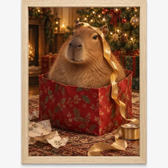 Joshimo Capybara Kerstposter | Als Kerstcadeau | Inclusief Lichtbruine A4 Lijst