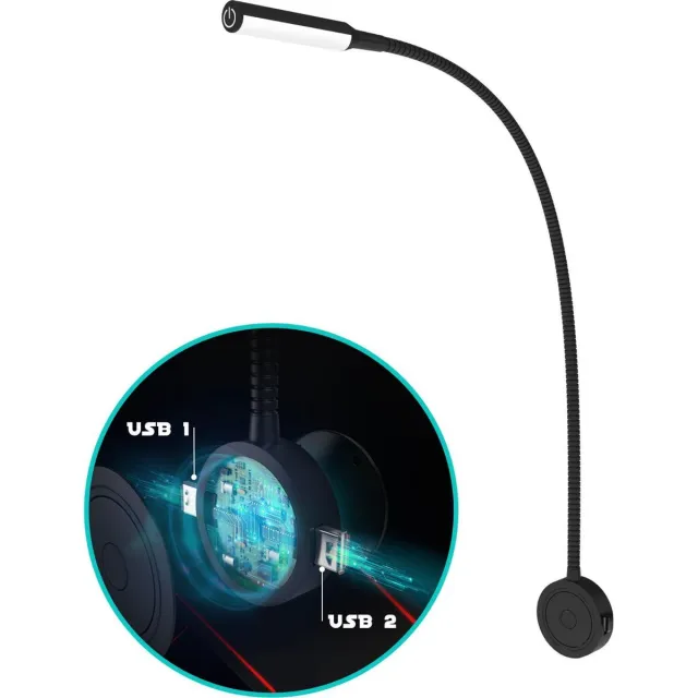 Bolt Electronics® BLLIQ2011 Leeslamp 1 stuk – Bedlamp met 2 USB's - Nachtlampje voor Volwassenen - Wandlamp met Dimfunctie - Kantelbaar - 360 °C rotatie - Verlichting - Zwart