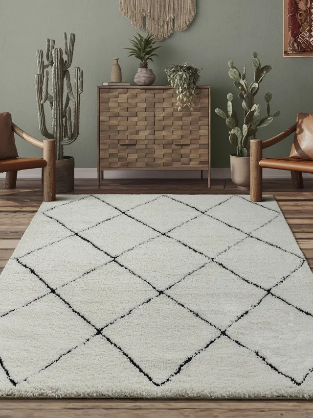 the carpet Bahar Shaggy – Hoogpolig vloerkleed in Scandinavische stijl, zwart-wit, 240 x 340 cm zwart-wit met ruitpatroon