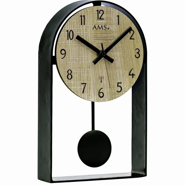 AMS F5189 - Wandklok - Tafelklok - Analoog - Slingeruurwerk - Metaal - Hout - Halfrond - Radiogestuurde tijdsaanduiding - Cijfers - Zwart - Beige/Crème