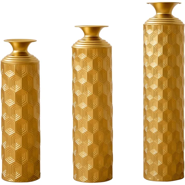 REDOM Vaasenset - 3-delige vloervazen - honingraatreliëf - halfhandgemaakt - modern - voor woonkamer, hal en entree - metaal - goud - 50/65/85 cm