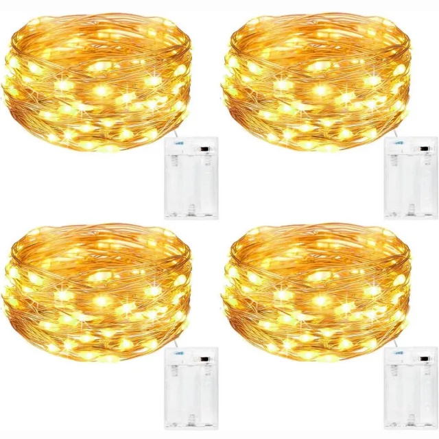 Excitat Lichtsnoer - Miniatuur LED zilverdraad lichtsnoer - Werkt op batterijen voor binnen - Geschikt voor feesten, slaapkamers, bruiloften, vakantiedecoraties - Warm wit licht - 5 meter - 50 lampjes - 4 stuks