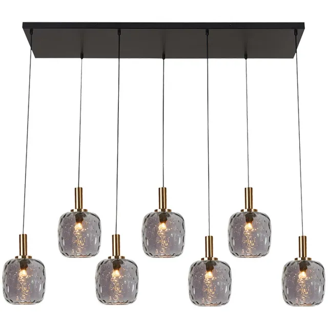 Fantasia Okiru hanglamp Balk, zwart stalen frame met 7x E27 fitting en 7 grijze glazen kappen Ø150mm, 990 x 1200 mm zwart + as grijs