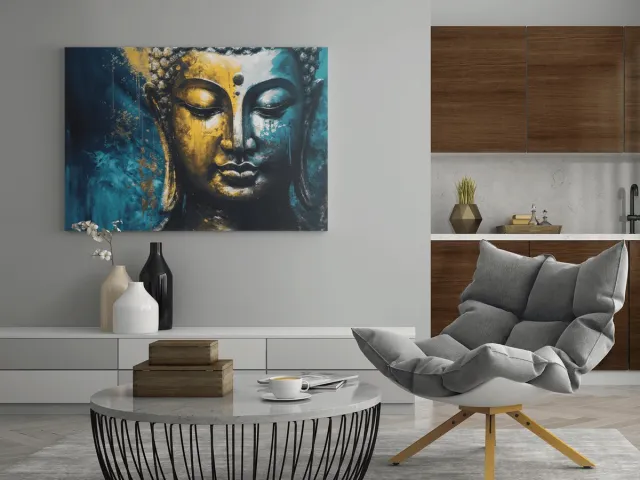 Trendex Global Canvas Schilderij - Boeddha - Standbeeld - Wanddecoratie - 60x40x2 cm Blauw