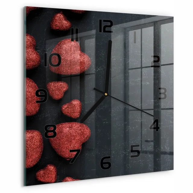 TULUP Wandklok - Harten op het bord Glazen Wandklok Design - 30x30 cm - Rood Klok Glas Met Opdruk - Zwarte handen - Vierkante Klok - Wandklok Glas Met Motief - Decoratieve Glazen Klok